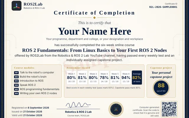 The sample ROS2Lab certificate