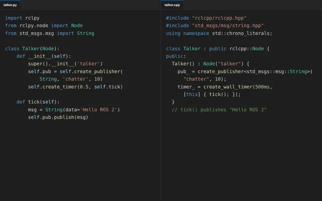The same ROS 2 talker node in Python and C++