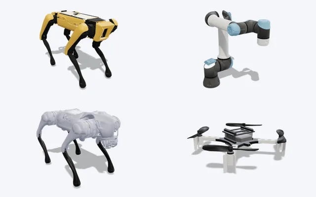 Spot, UR5e, Go2 and Crazyflie in the simulator